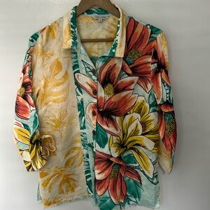 John + Mark Women 100% Linen Floral Tropical Tunic Top Shirt Sz S